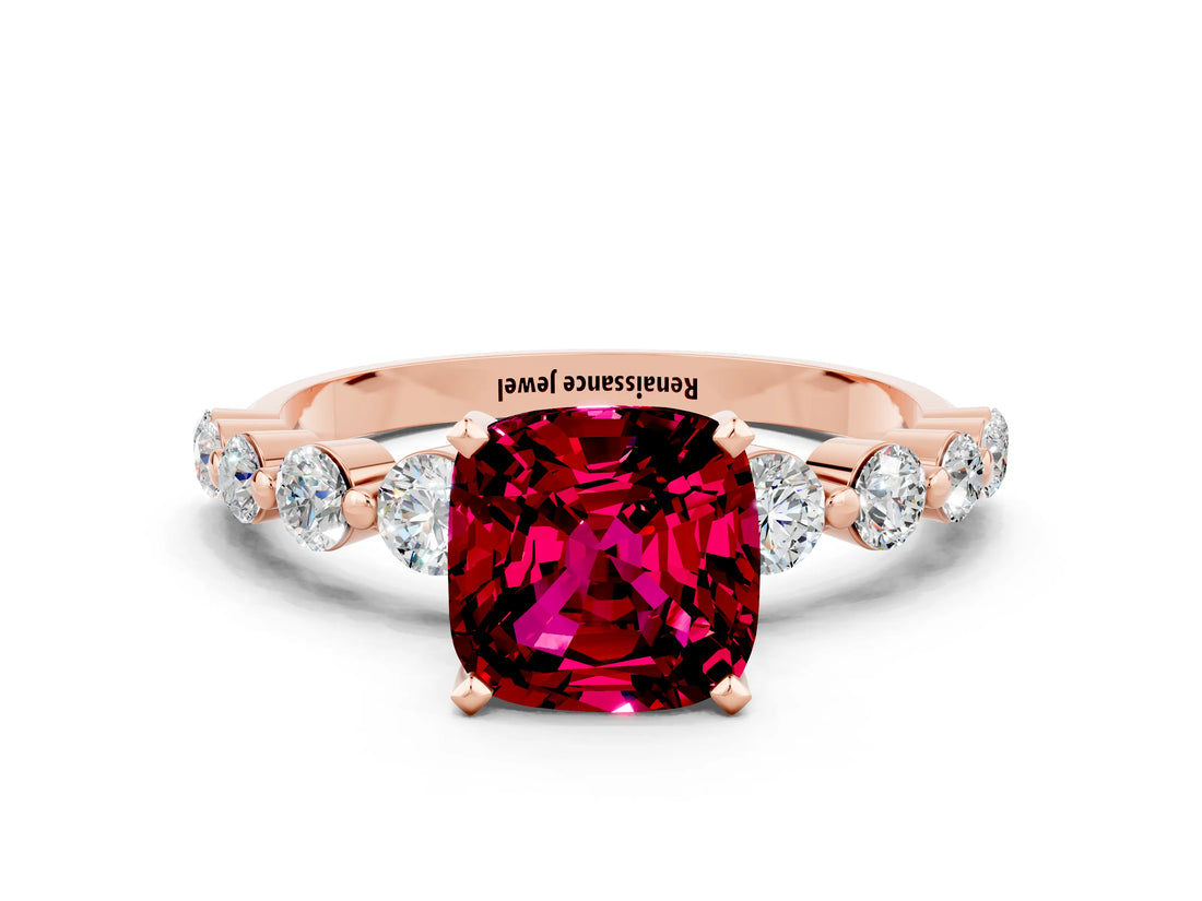 Rose gold Cushion Cut Solitaire Garnet Ring with Pave Band and Four-Prong Setting