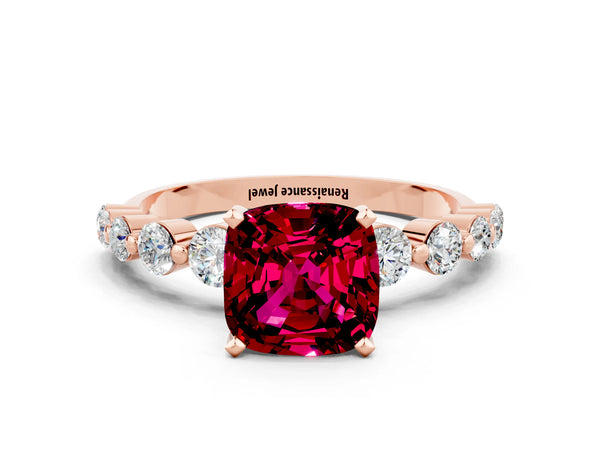 Rose gold Cushion Cut Solitaire Garnet Ring with Pave Band and Four-Prong Setting