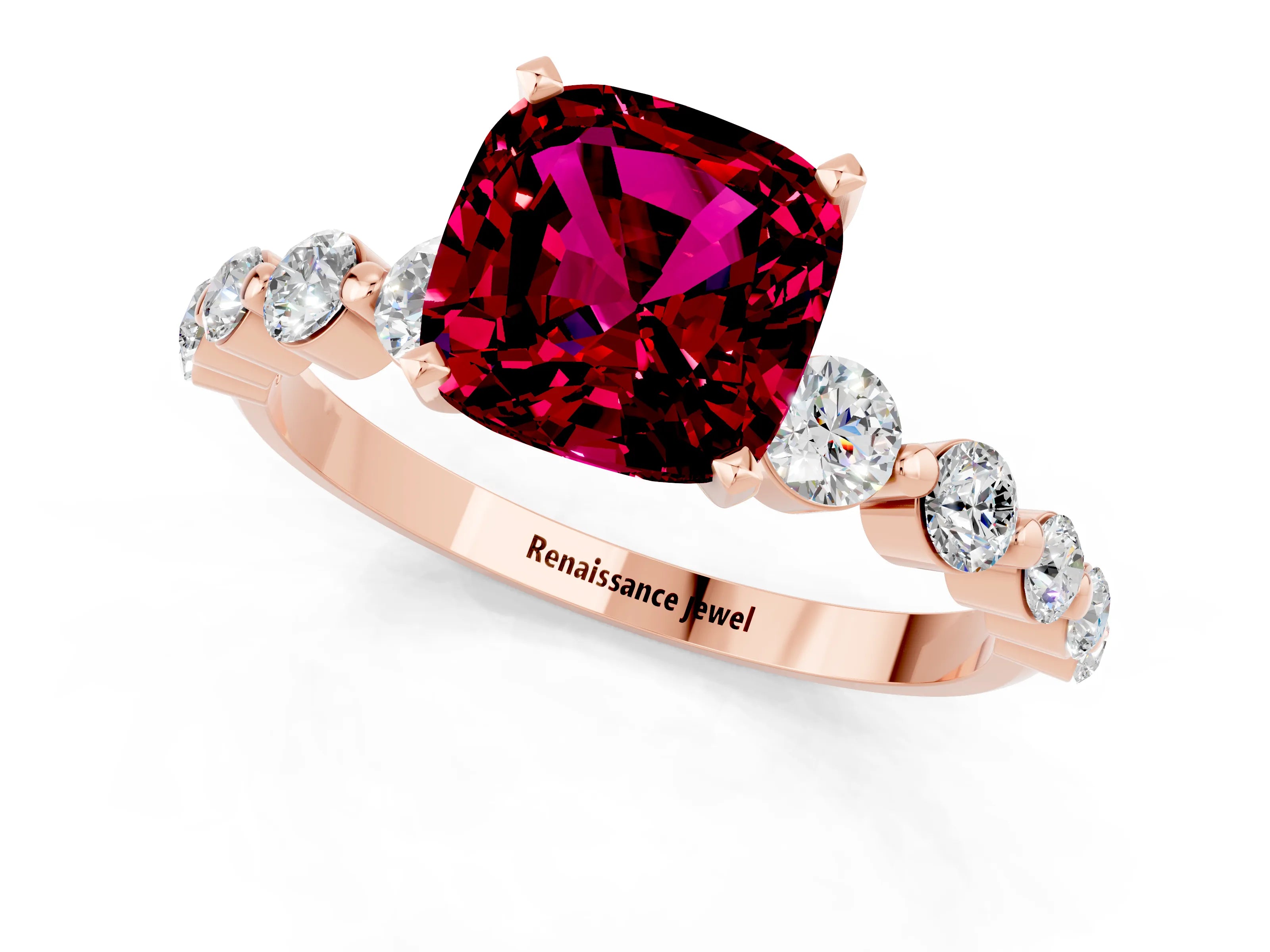 Rose gold Cushion Cut Solitaire Garnet Ring with Pave Band and Four-Prong Setting_1