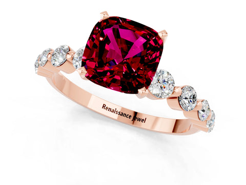 Rose gold Cushion Cut Solitaire Garnet Ring with Pave Band and Four-Prong Setting_1