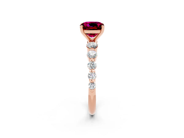 Rose gold Cushion Cut Solitaire Garnet Ring with Pave Band and Four-Prong Setting