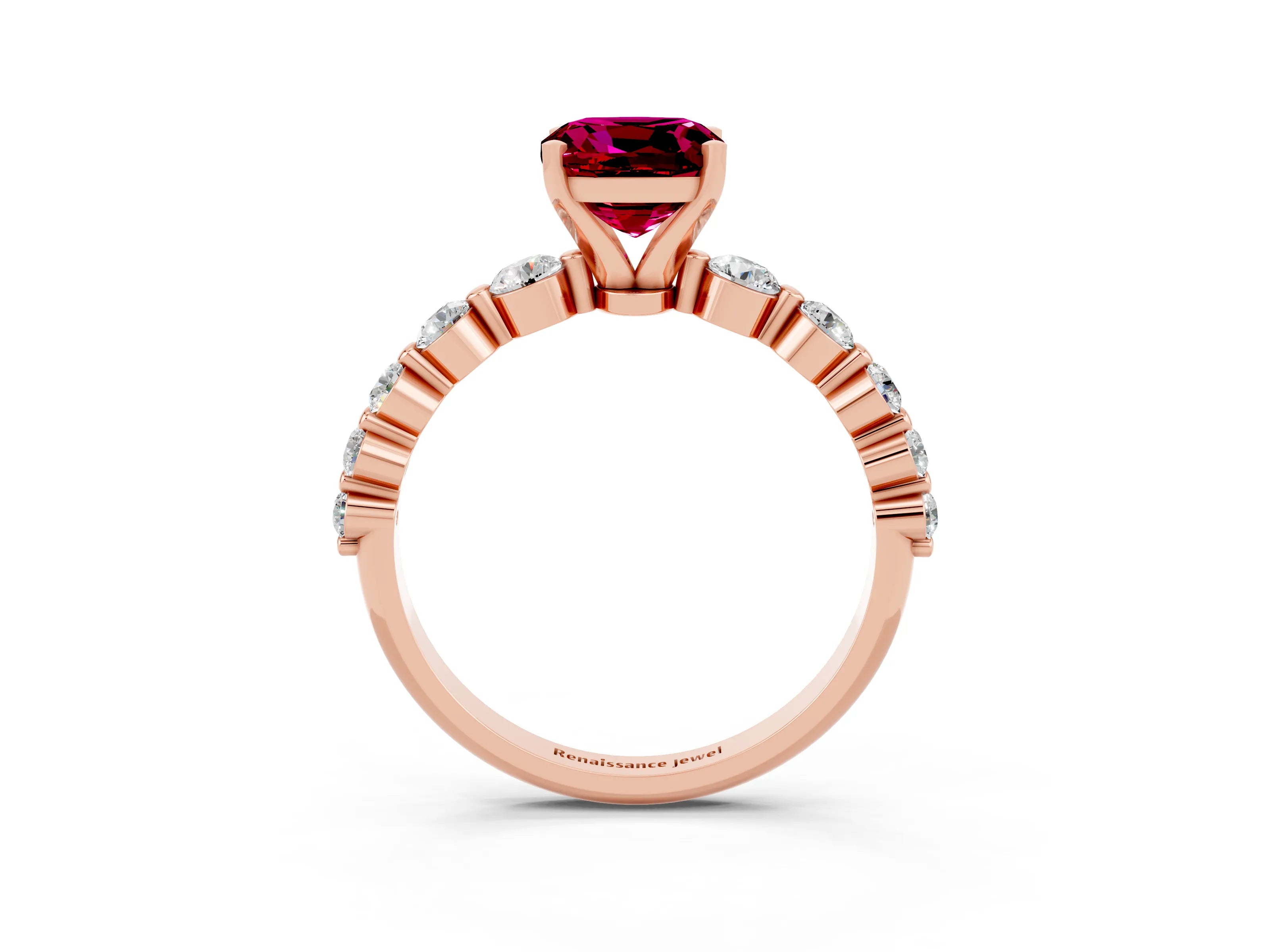 Rose gold Cushion Cut Solitaire Garnet Ring with Pave Band and Four-Prong Setting_3