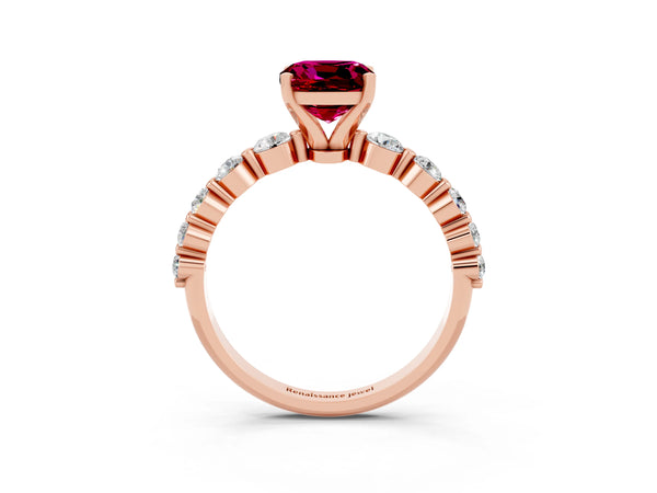 Rose gold Cushion Cut Solitaire Garnet Ring with Pave Band and Four-Prong Setting