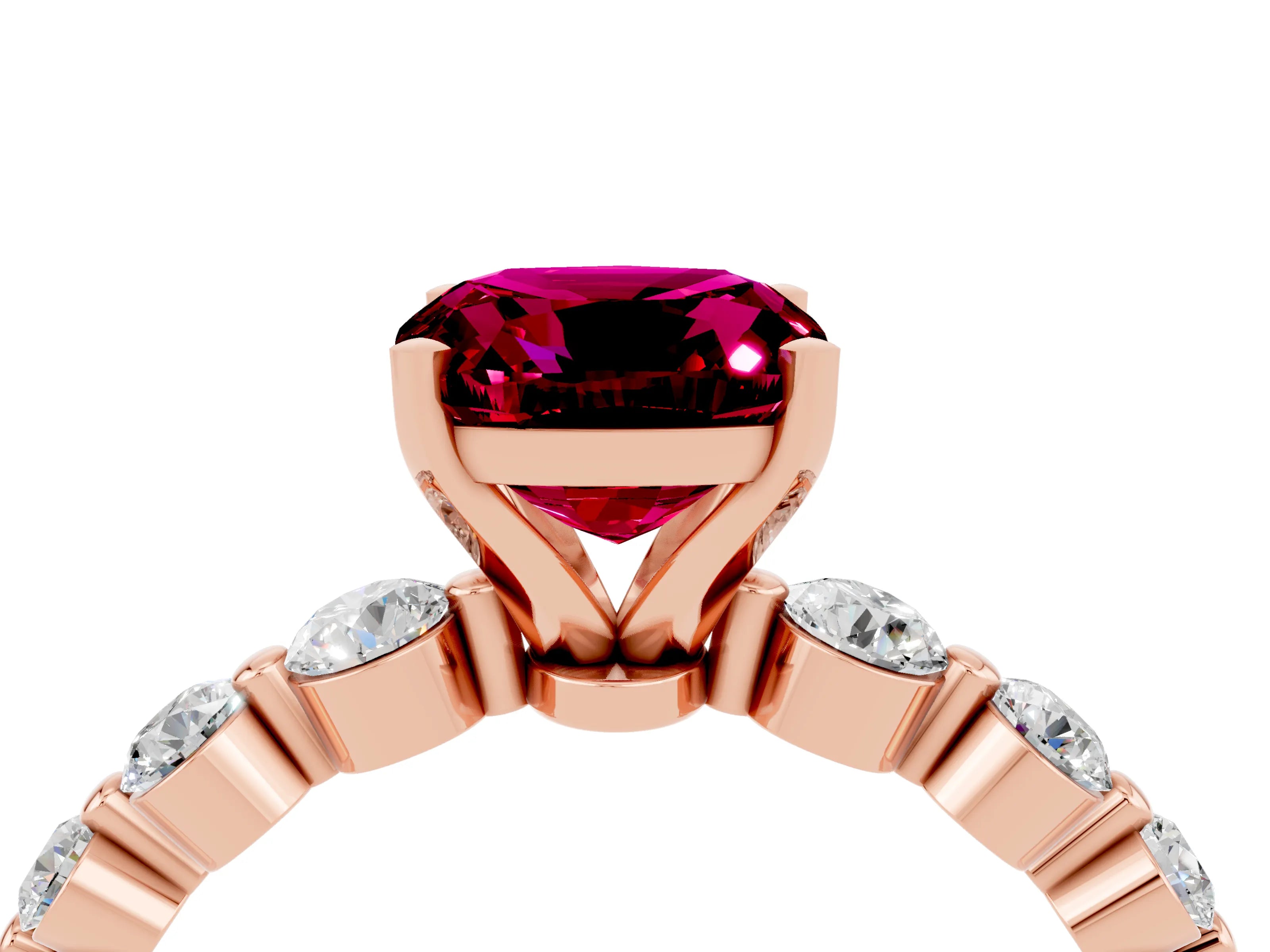 Rose gold Cushion Cut Solitaire Garnet Ring with Pave Band and Four-Prong Setting_4