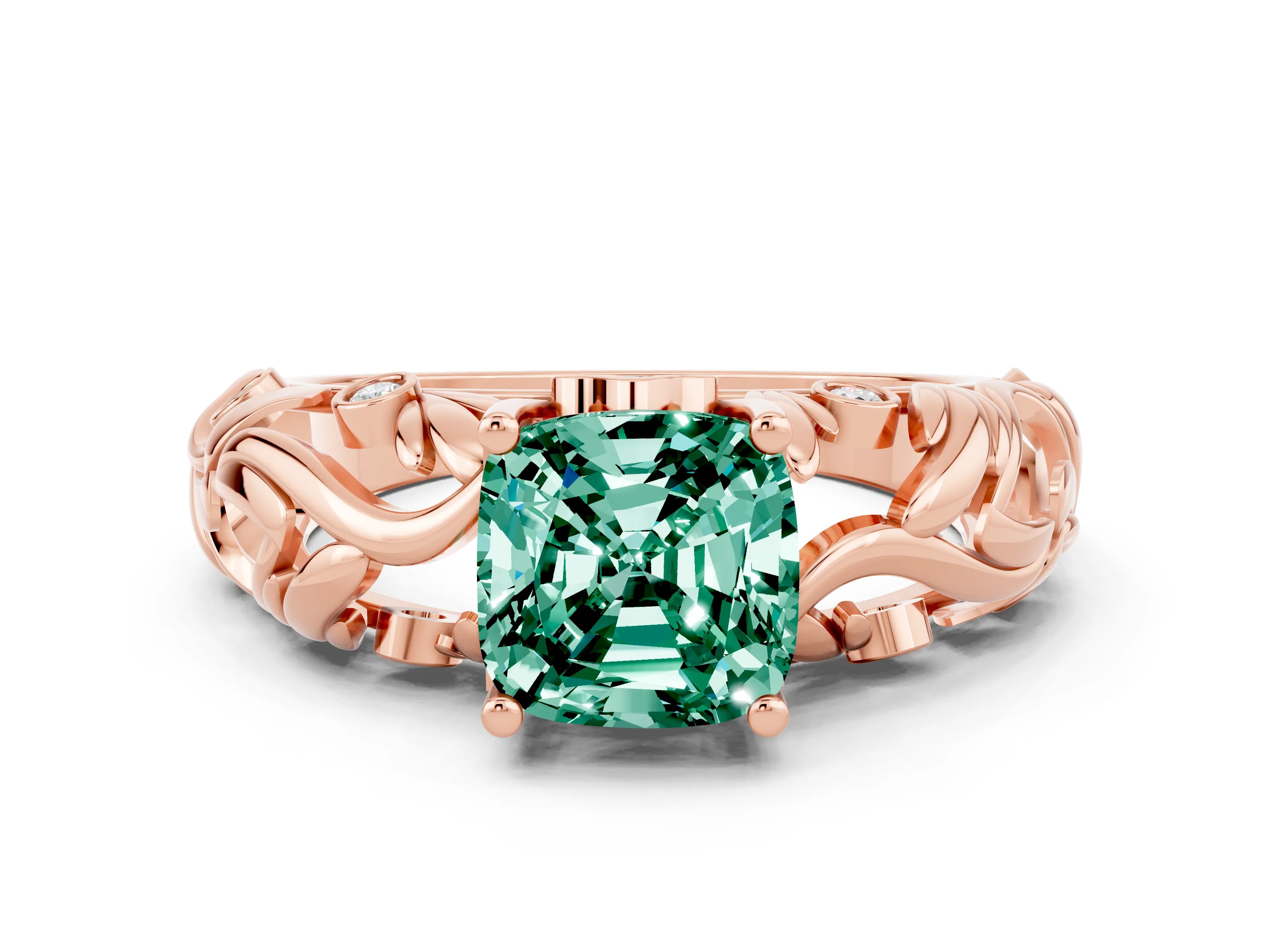 Rose gold Cushion Cut Solitaire Green Sapphire Leaf-Inspired Vine Band Ring with Prong Setting