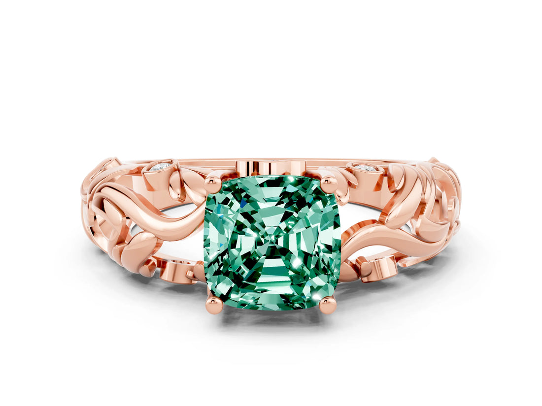Rose gold Cushion Cut Solitaire Green Sapphire Leaf-Inspired Vine Band Ring with Prong Setting