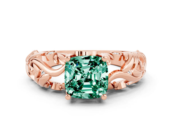 Rose gold Cushion Cut Solitaire Green Sapphire Leaf-Inspired Vine Band Ring with Prong Setting