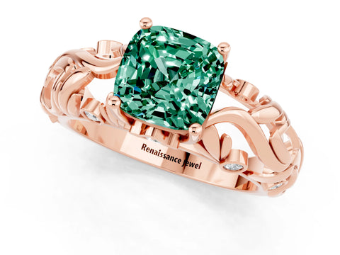 Rose gold Cushion Cut Solitaire Green Sapphire Leaf-Inspired Vine Band Ring with Prong Setting_1