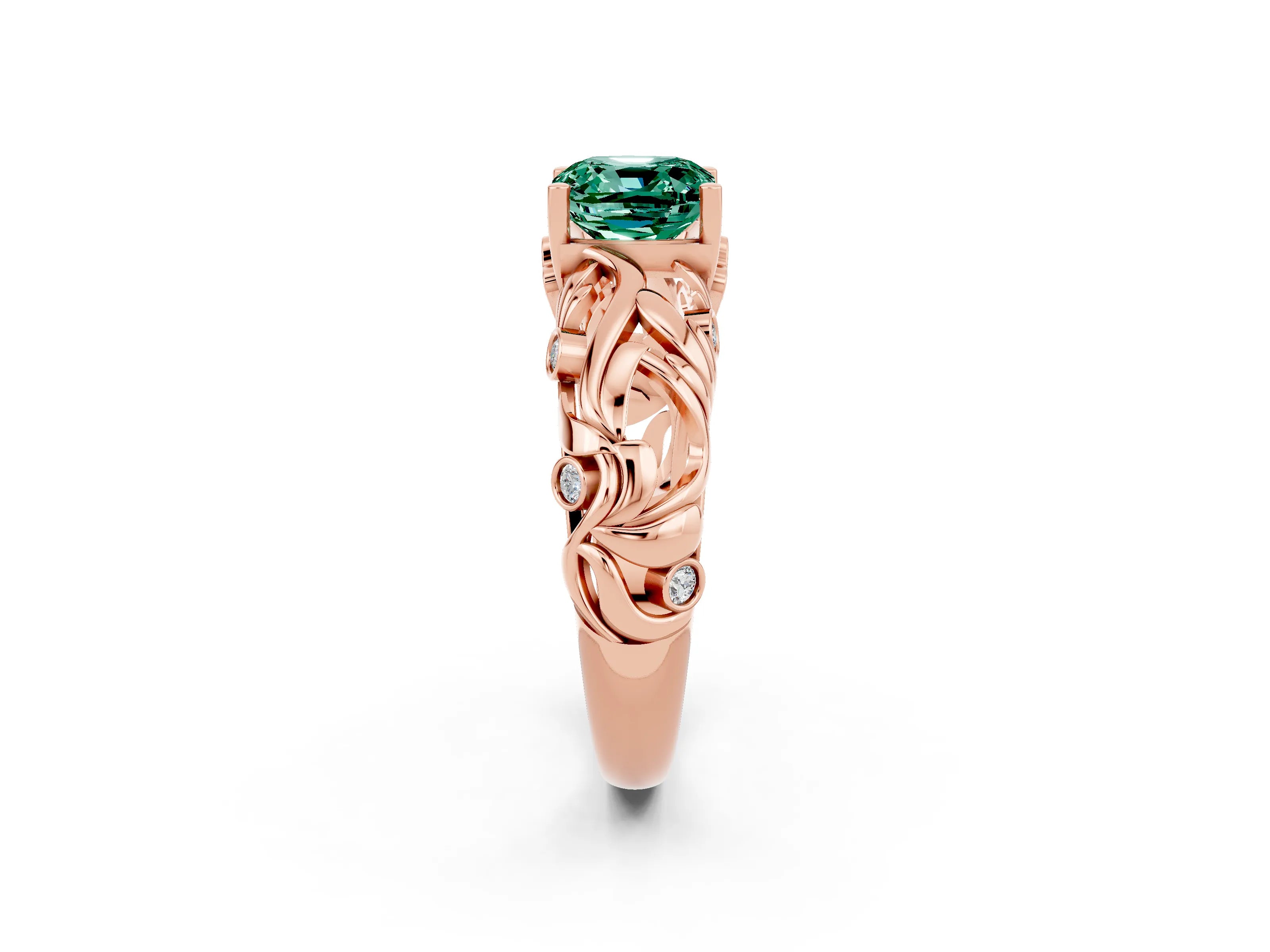 Rose gold Cushion Cut Solitaire Green Sapphire Leaf-Inspired Vine Band Ring with Prong Setting_2