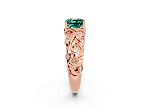 Rose gold Cushion Cut Solitaire Green Sapphire Leaf-Inspired Vine Band Ring with Prong Setting_2