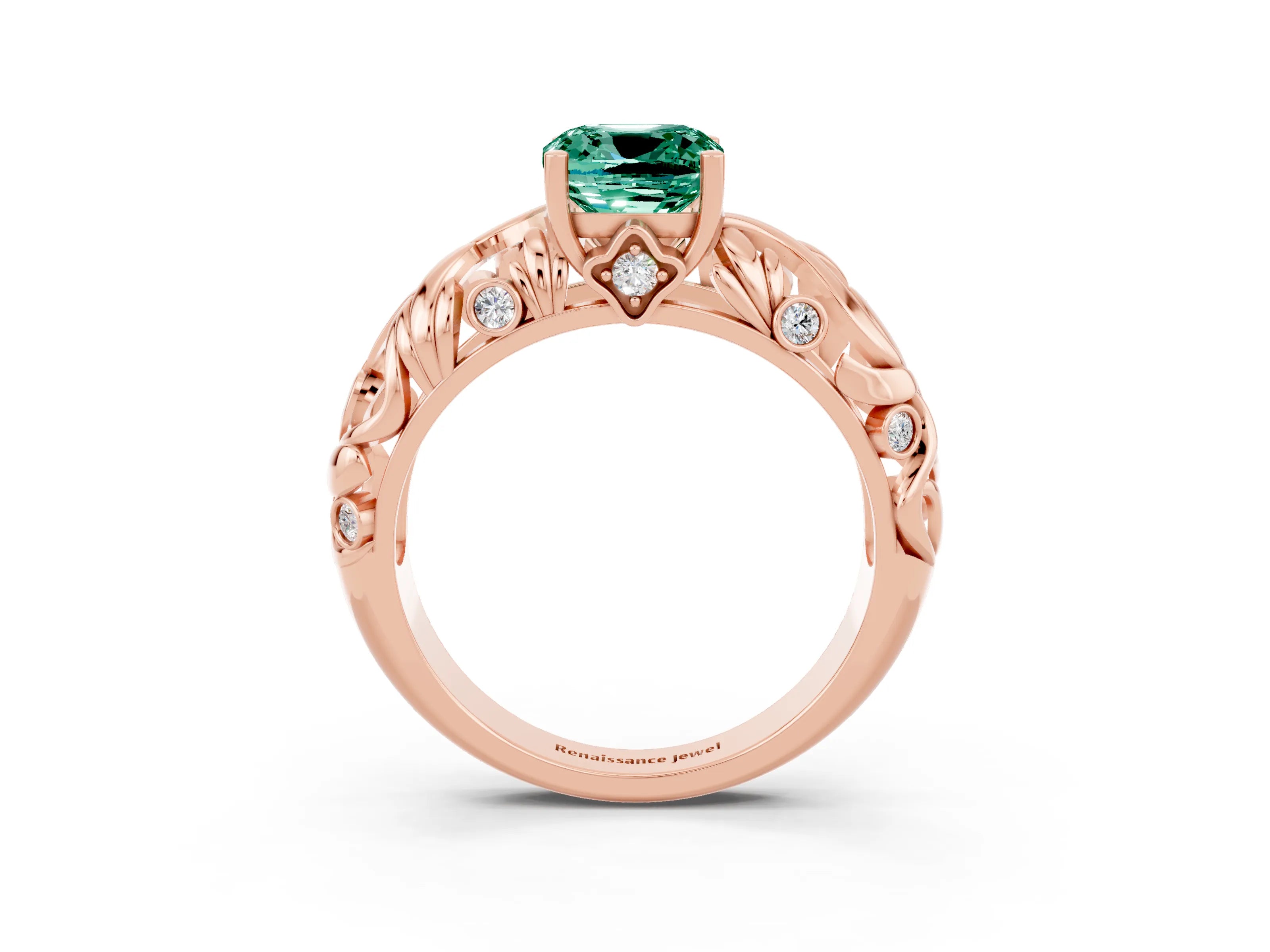Rose gold Cushion Cut Solitaire Green Sapphire Leaf-Inspired Vine Band Ring with Prong Setting_3