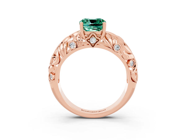 Rose gold Cushion Cut Solitaire Green Sapphire Leaf-Inspired Vine Band Ring with Prong Setting