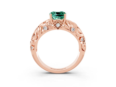 Rose gold Cushion Cut Solitaire Green Sapphire Leaf-Inspired Vine Band Ring with Prong Setting_3