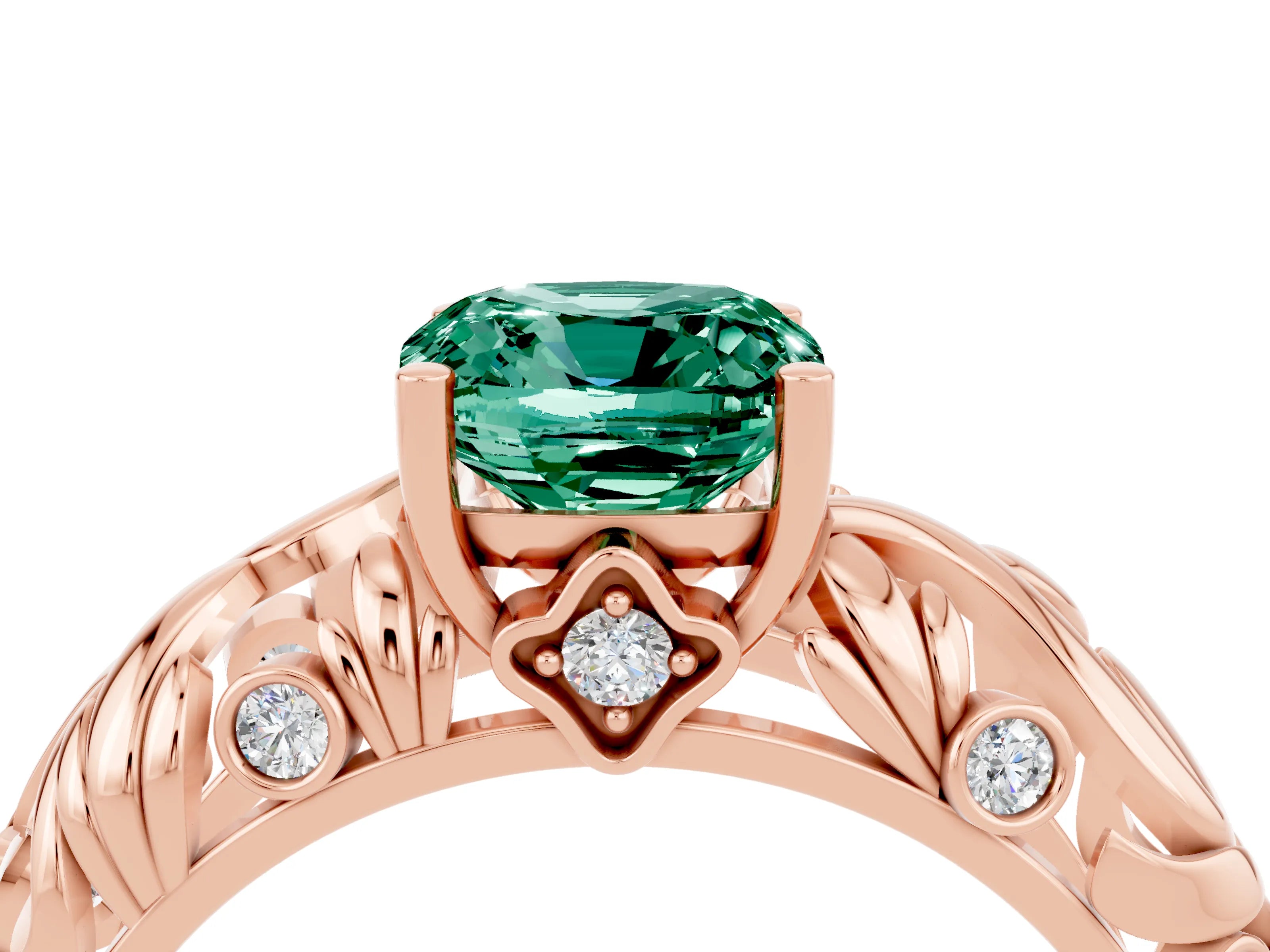 Rose gold Cushion Cut Solitaire Green Sapphire Leaf-Inspired Vine Band Ring with Prong Setting_4