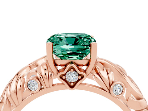 Rose gold Cushion Cut Solitaire Green Sapphire Leaf-Inspired Vine Band Ring with Prong Setting_4
