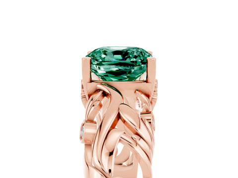Rose gold Cushion Cut Solitaire Green Sapphire Leaf-Inspired Vine Band Ring with Prong Setting_5