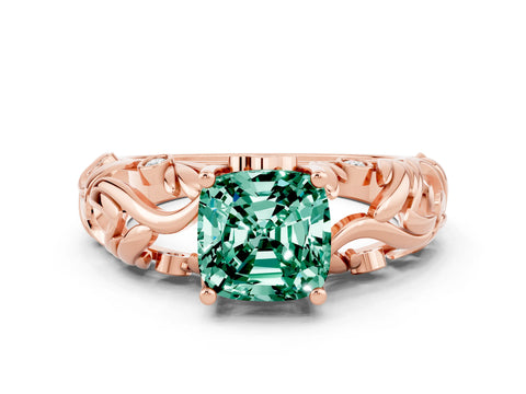 Rose gold Cushion Cut Solitaire Green Sapphire Leaf-Inspired Vine Band Ring with Prong Setting