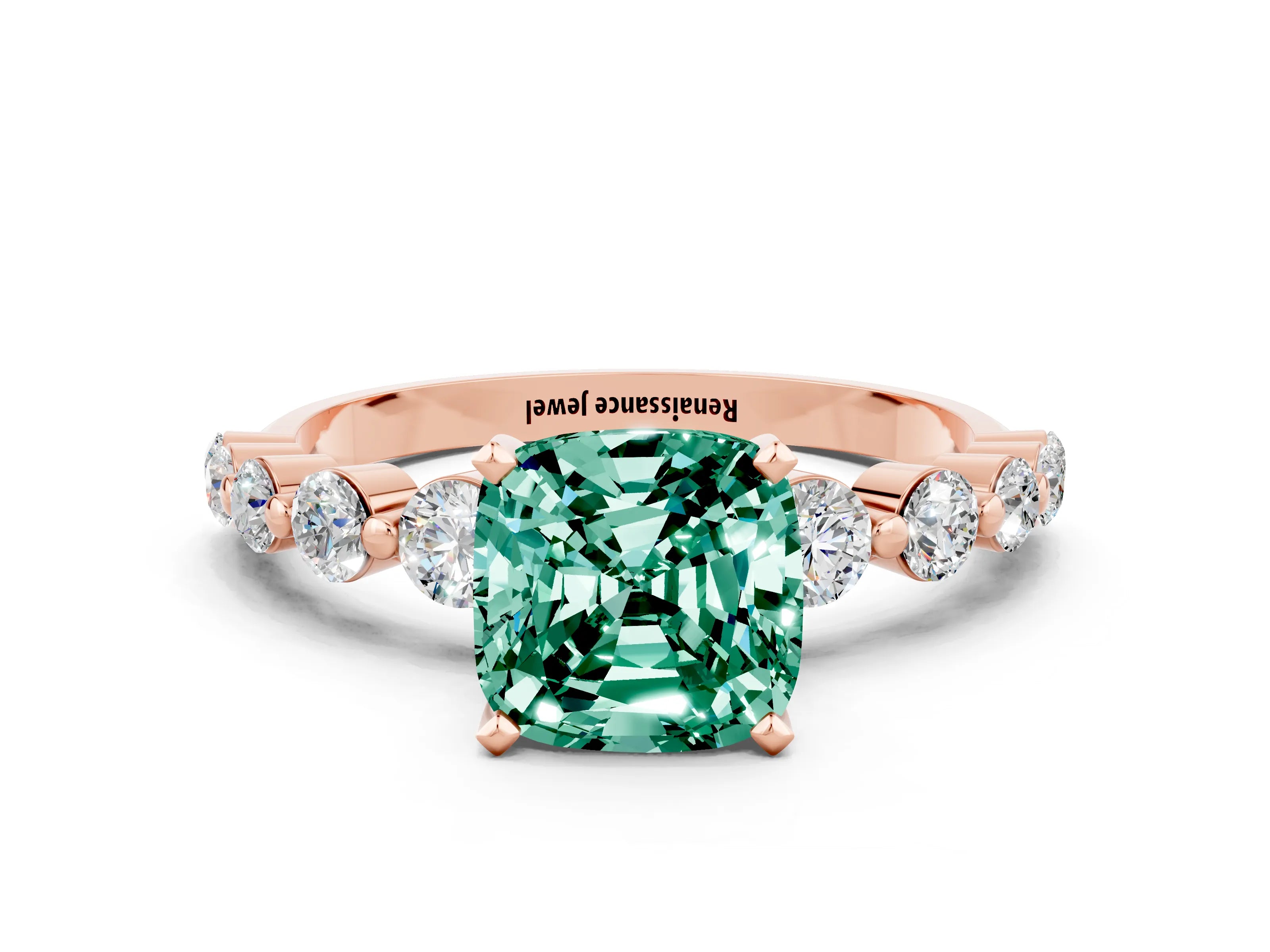 Rose gold Cushion Cut Solitaire Green Sapphire Ring with Pave Band and Four-Prong Setting