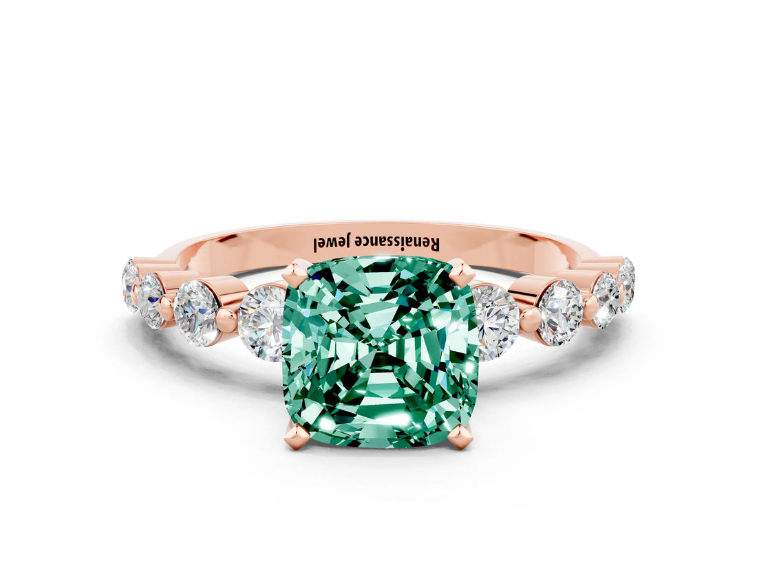 Rose gold Cushion Cut Solitaire Green Sapphire Ring with Pave Band and Four-Prong Setting