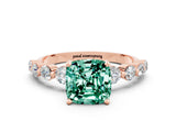 Rose gold Cushion Cut Solitaire Green Sapphire Ring with Pave Band and Four-Prong Setting
