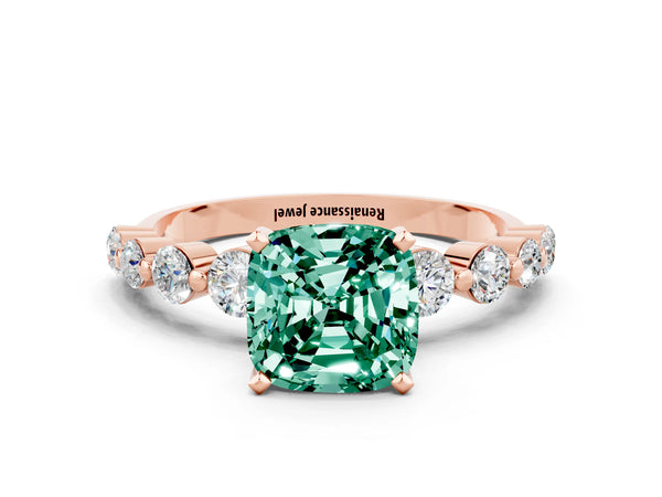 Rose gold Cushion Cut Solitaire Green Sapphire Ring with Pave Band and Four-Prong Setting