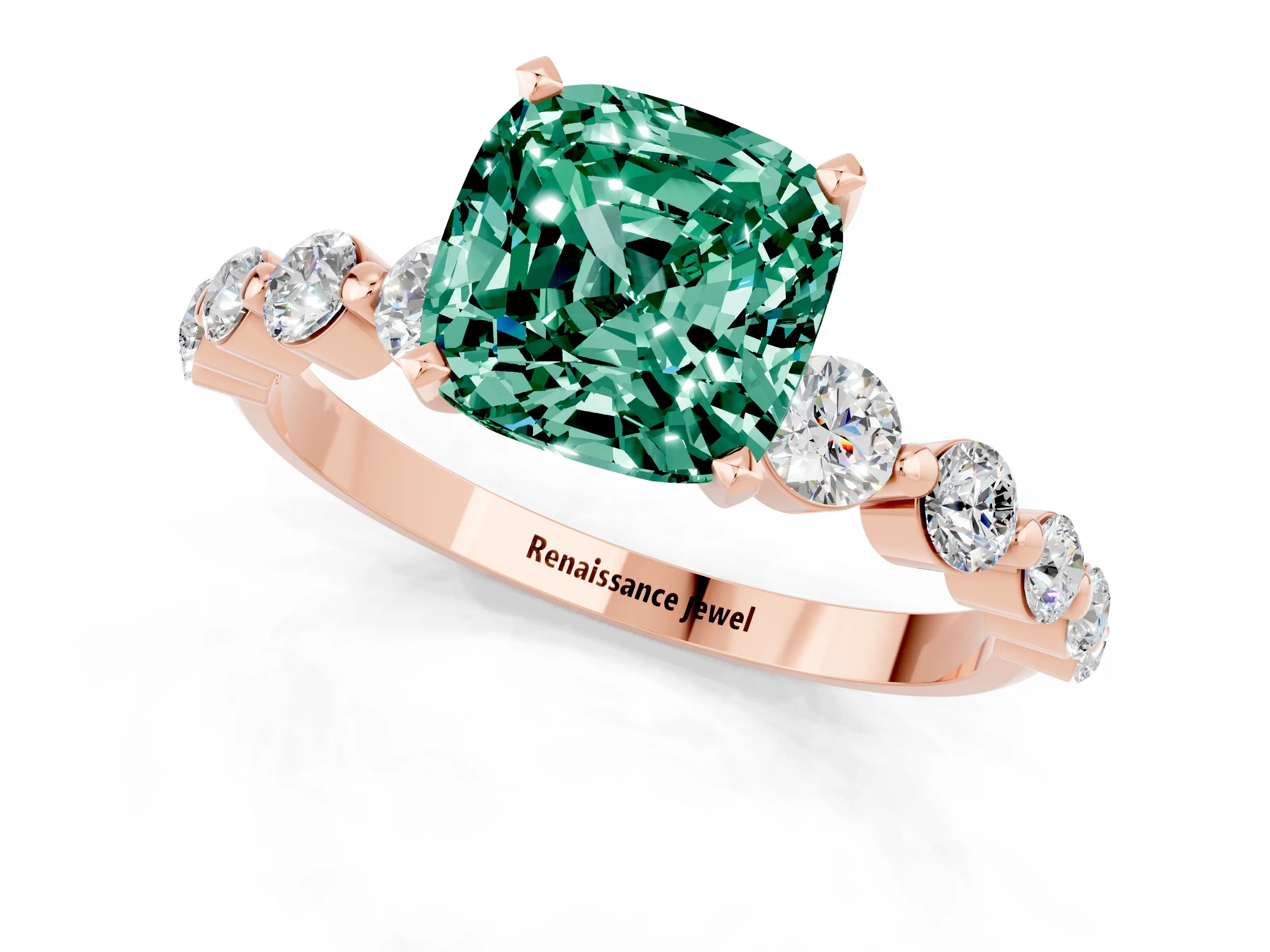 Rose gold Cushion Cut Solitaire Green Sapphire Ring with Pave Band and Four-Prong Setting_1