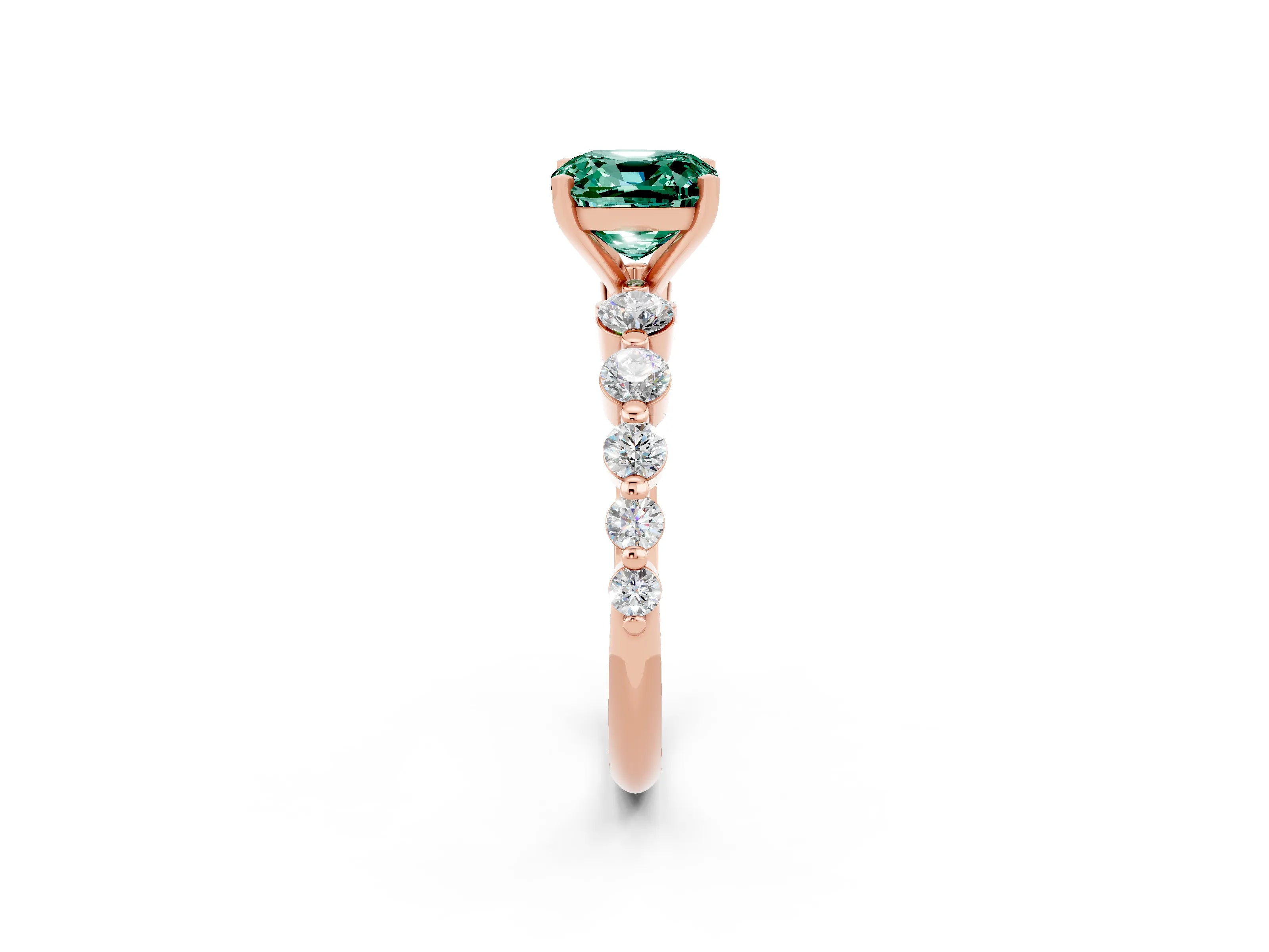 Rose gold Cushion Cut Solitaire Green Sapphire Ring with Pave Band and Four-Prong Setting_2