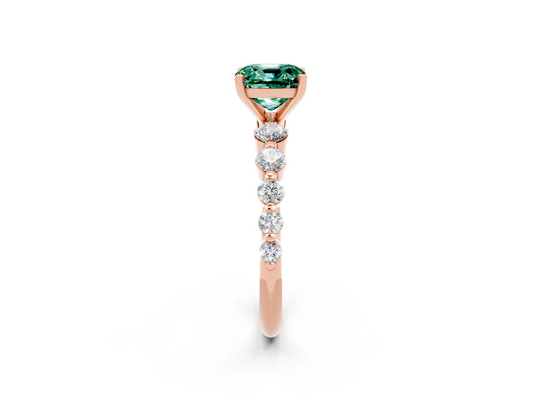 Rose gold Cushion Cut Solitaire Green Sapphire Ring with Pave Band and Four-Prong Setting
