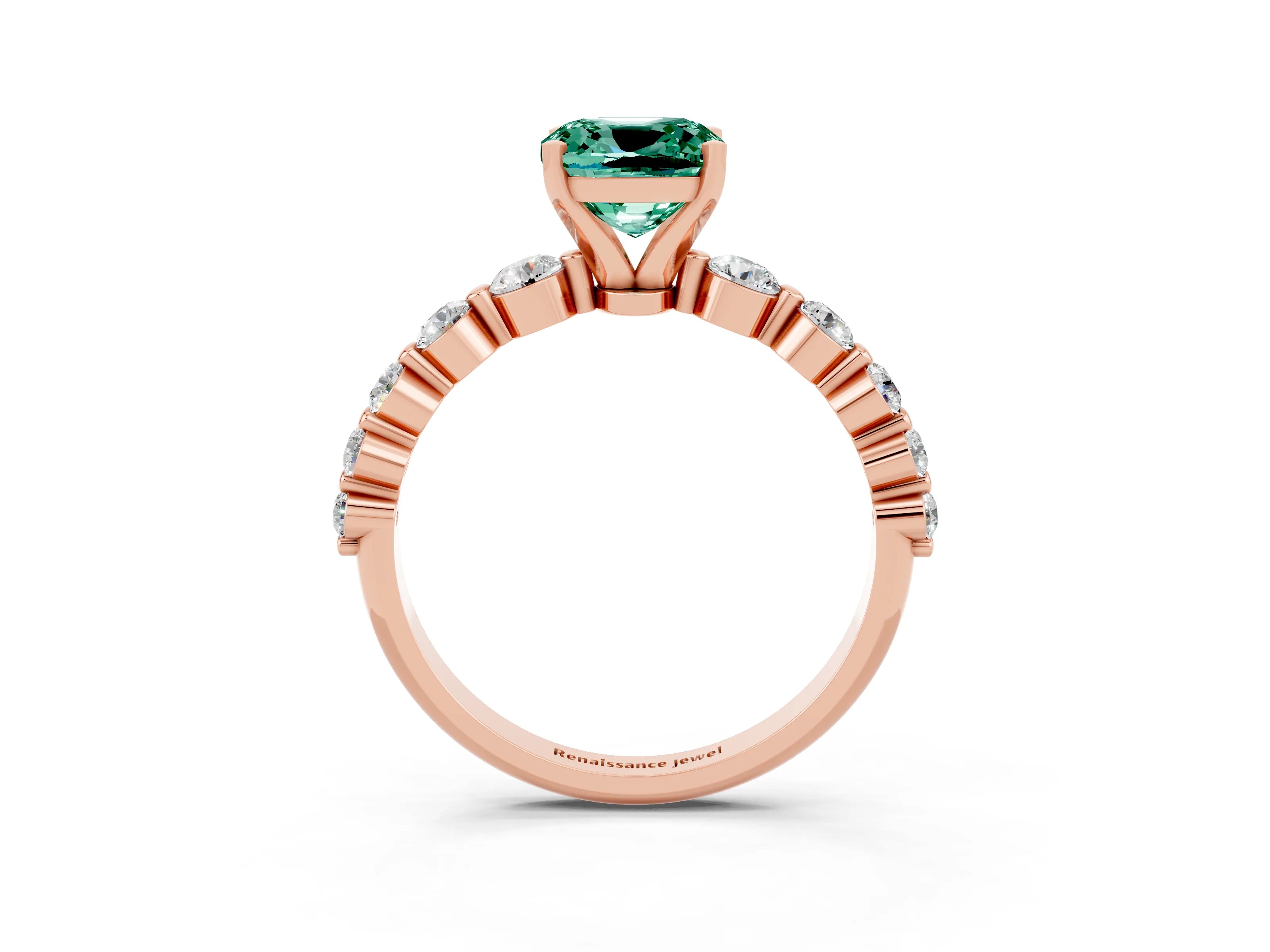 Rose gold Cushion Cut Solitaire Green Sapphire Ring with Pave Band and Four-Prong Setting_3