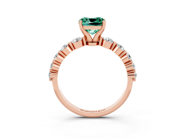 Rose gold Cushion Cut Solitaire Green Sapphire Ring with Pave Band and Four-Prong Setting