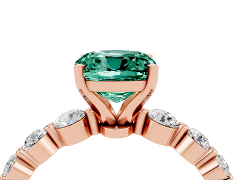 Rose gold Cushion Cut Solitaire Green Sapphire Ring with Pave Band and Four-Prong Setting_4
