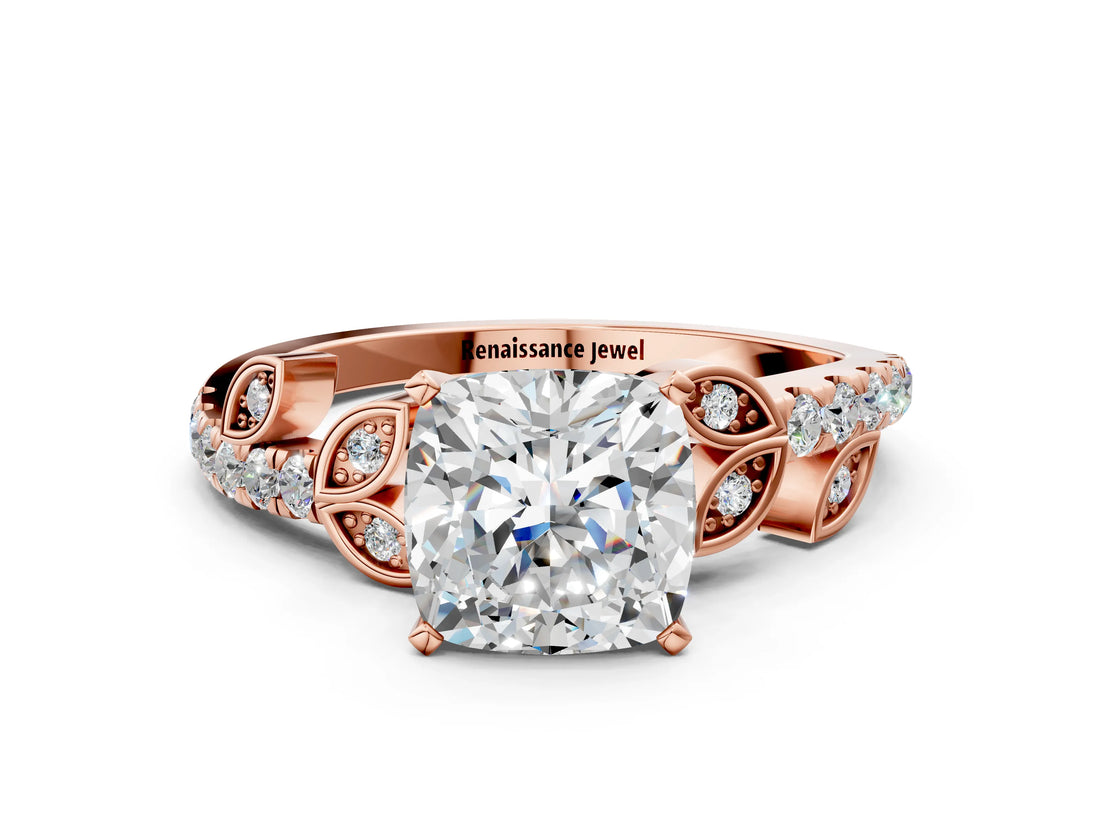 Rose gold Cushion Cut Solitaire Leaf-Inspired Diamond Ring with Pavé Band and Four-Prong Setting_4