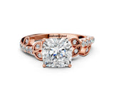 Rose gold Cushion Cut Solitaire Leaf-Inspired Diamond Ring with Pavé Band and Four-Prong Setting_4