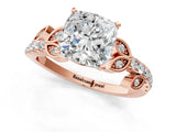 Rose gold Cushion Cut Solitaire Leaf-Inspired Diamond Ring with Pavé Band and Four-Prong Setting_5