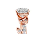 Rose gold Cushion Cut Solitaire Leaf-Inspired Diamond Ring with Pavé Band and Four-Prong Setting_9