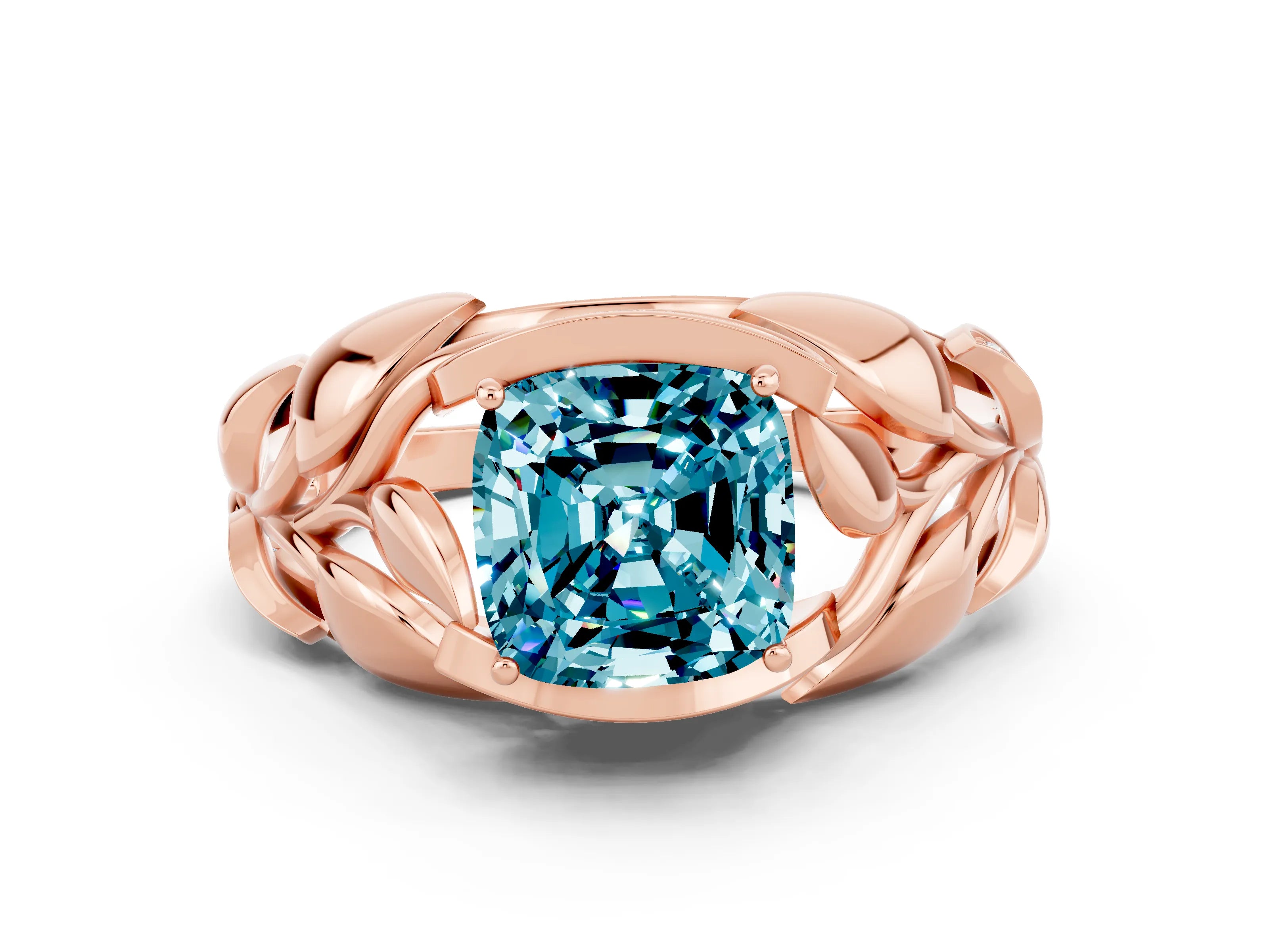 Rose gold Cushion Cut Solitaire Leaf-Inspired Engagement Ring with Prong Setting