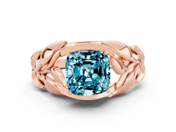 Rose gold Cushion Cut Solitaire Leaf-Inspired Engagement Ring with Prong Setting