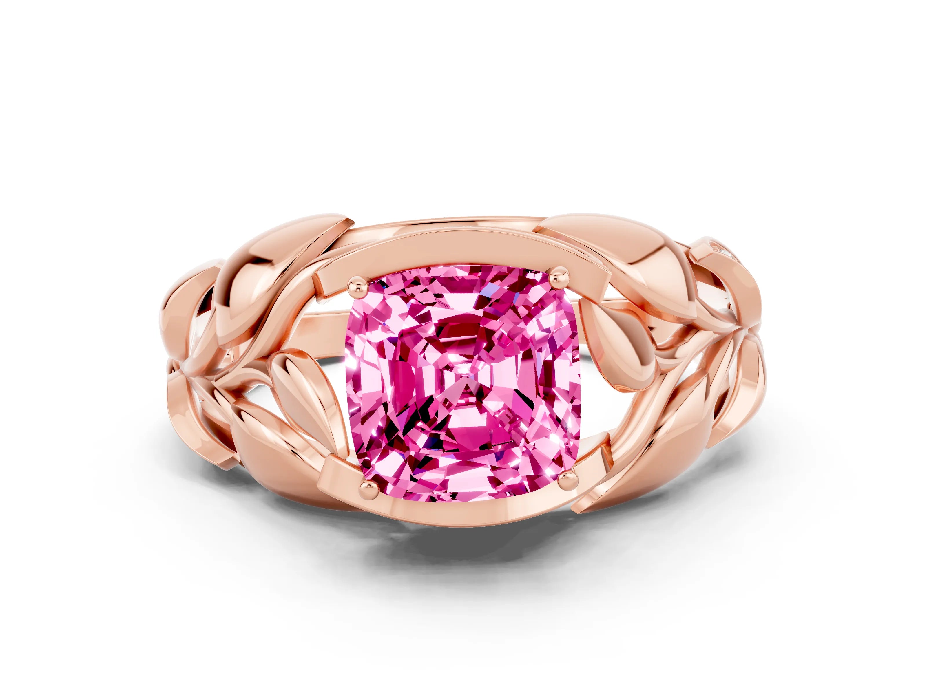 Rose gold Cushion Cut Solitaire Leaf-Inspired Engagement Ring with Prong Setting
