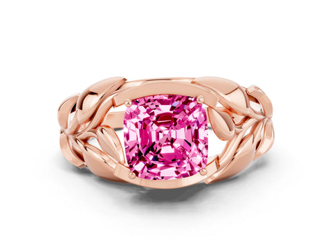 Rose gold Cushion Cut Solitaire Leaf-Inspired Engagement Ring with Prong Setting