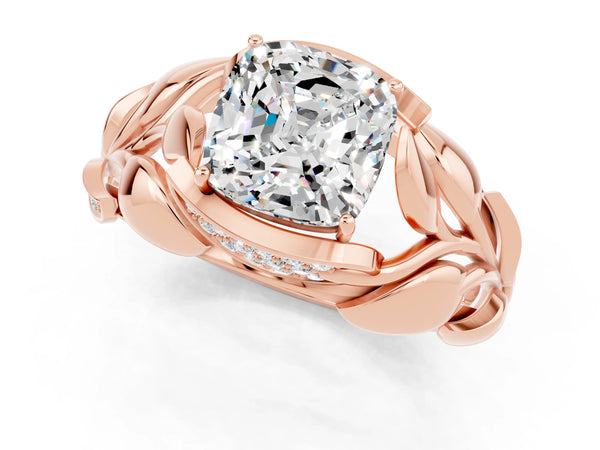 Rose gold Cushion Cut Moissanite Leaf-Inspired Engagement Ring with Round Accents and Prong Setting