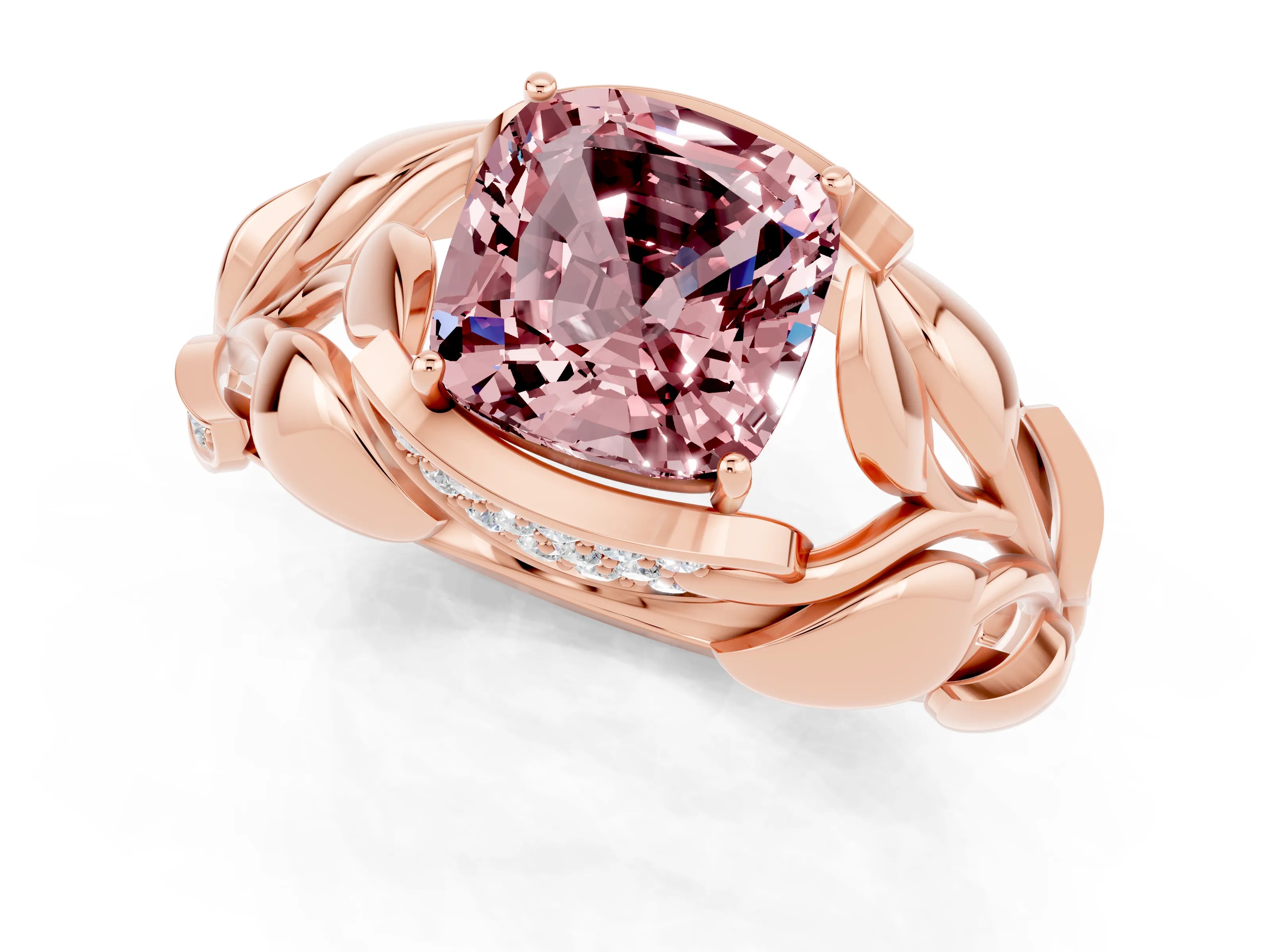 Rose gold Cushion Cut Solitaire Leaf-Inspired Engagement Ring with Prong Setting_1