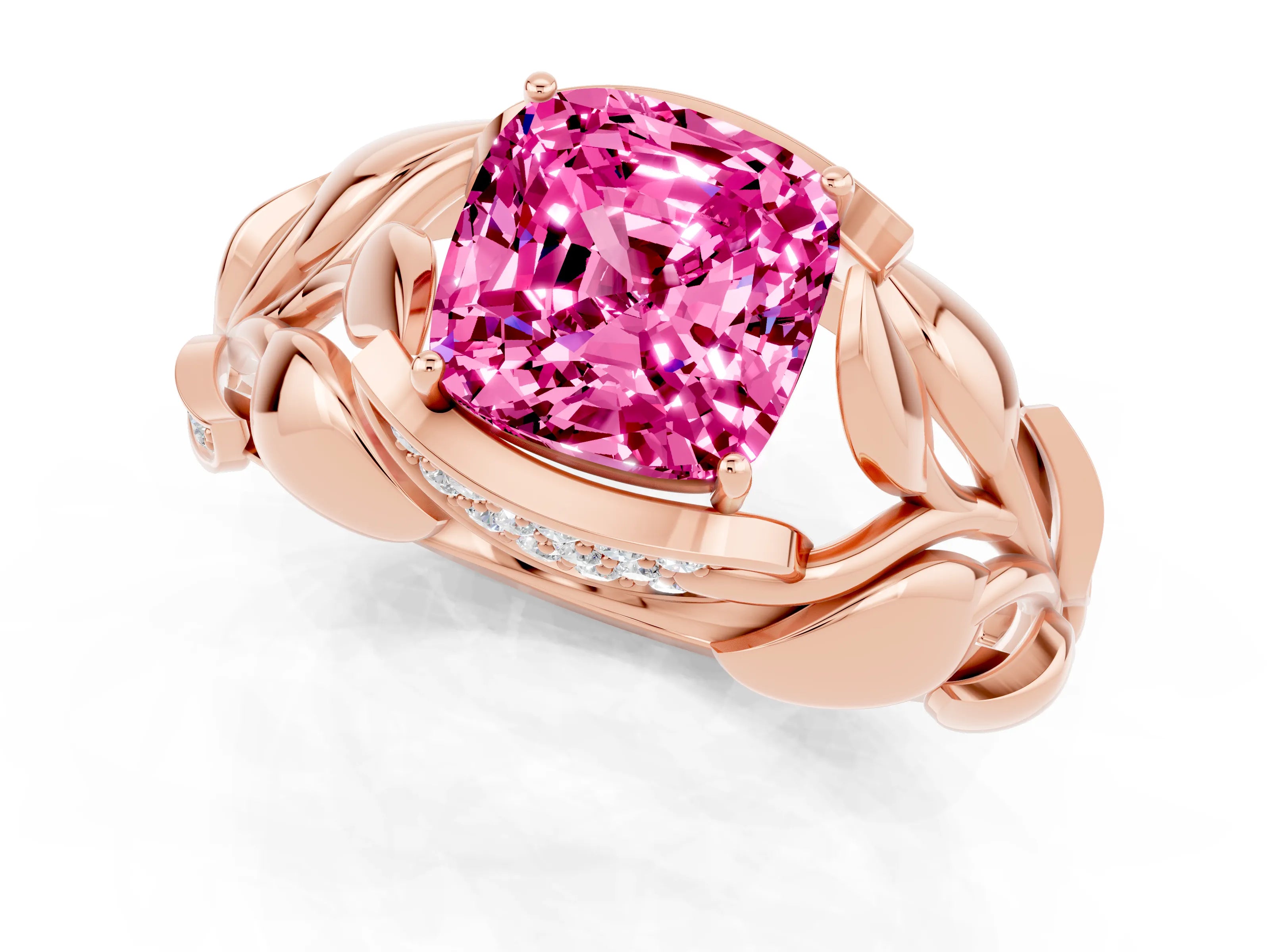 Rose gold Cushion Cut Solitaire Leaf-Inspired Engagement Ring with Prong Setting_1