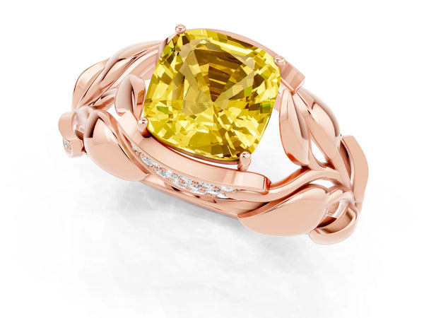 Rose gold Cushion Cut Yellow Sapphire Leaf-Inspired Engagement Ring with Round Accents and Prong Setting