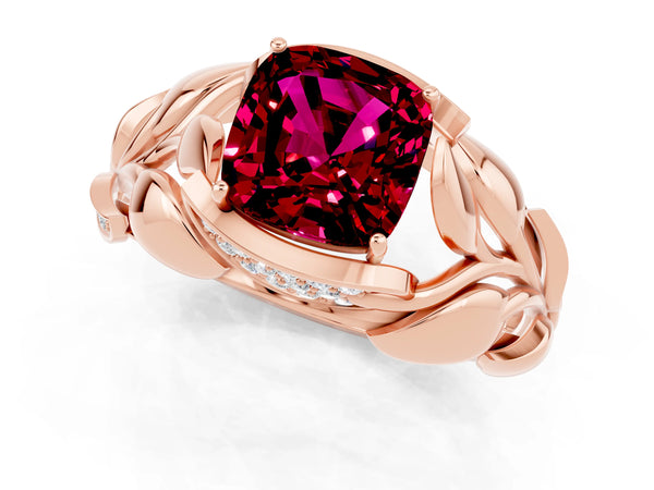 Rose gold Cushion Cut Garnet Leaf-Inspired Engagement Ring with Round Accents and Prong Setting
