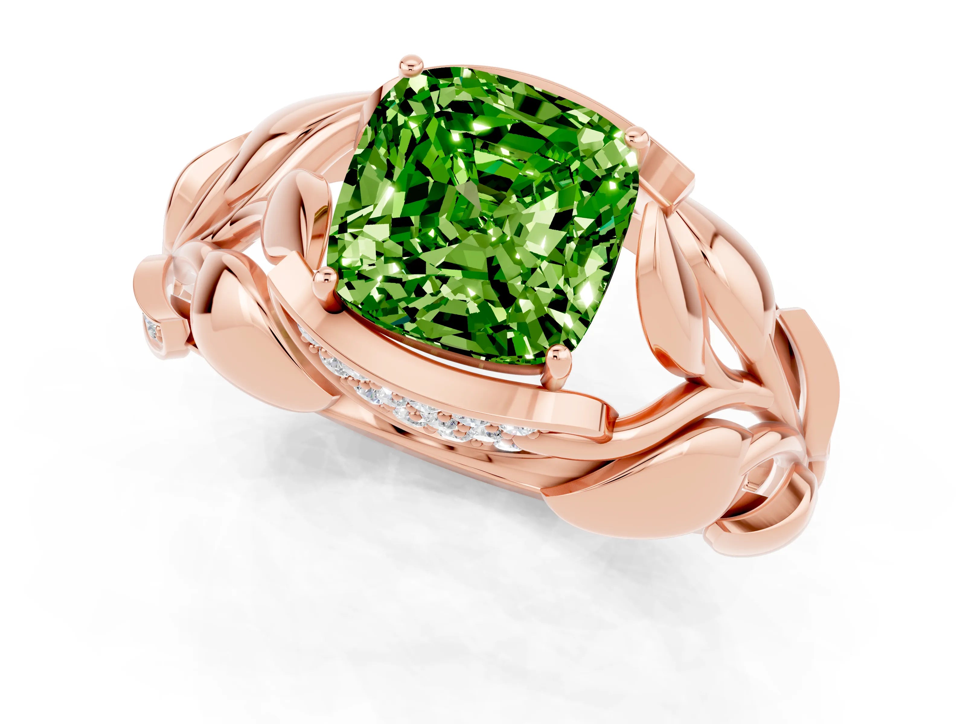 Rose gold Cushion Cut Solitaire Leaf-Inspired Engagement Ring with Prong Setting_1