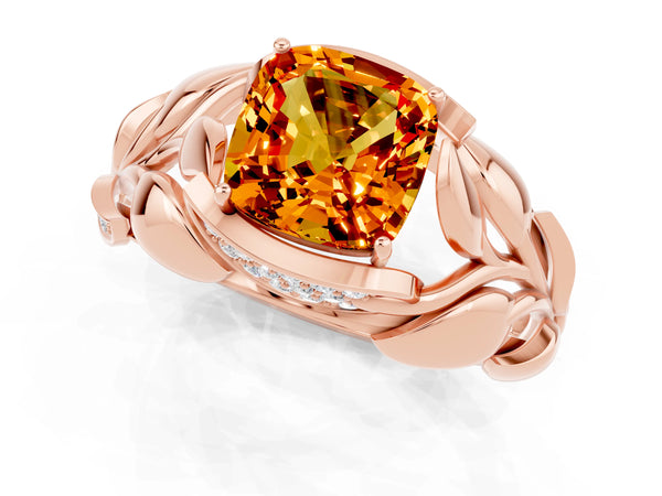 Rose gold Cushion Cut Citrine Leaf-Inspired Engagement Ring with Round Accents and Prong Setting