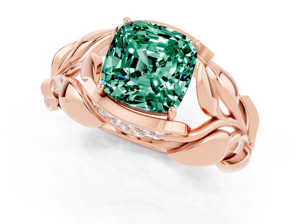 Rose gold Cushion Cut Green Sapphire Leaf-Inspired Engagement Ring with Round Accents and Prong Setting