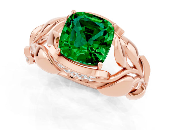 Rose gold Cushion Cut Emerald Leaf-Inspired Engagement Ring with Round Accents and Prong Setting