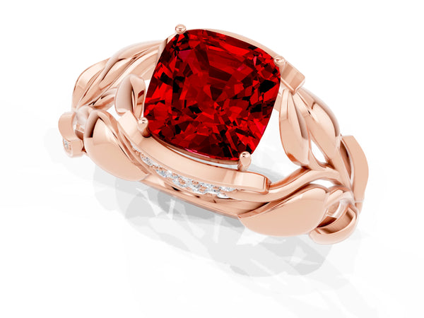 Rose gold Cushion Cut Ruby Leaf-Inspired Engagement Ring with Round Accents and Prong Setting