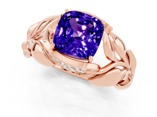 Rose gold Cushion Cut Tanzanite Leaf-Inspired Engagement Ring with Round Accents and Prong Setting